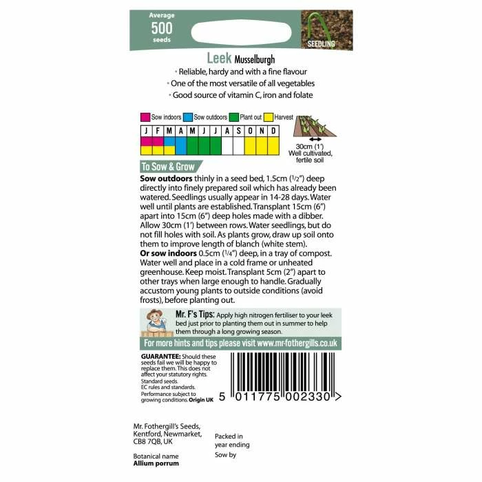 Leek 'Musselburgh' Seeds | Allium Porrum | By Mr Fothergills 3 Leek 'Musselburgh' Seeds | Allium Porrum | By Mr Fothergills - Image 3